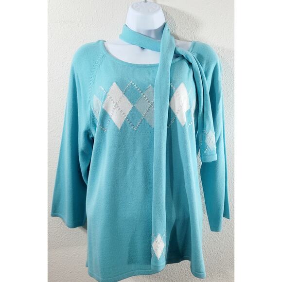 RQT Blue White Argyle Print Sequin Sweater Top XL Lightweight Raglan Sleeves - Picture 1 of 8